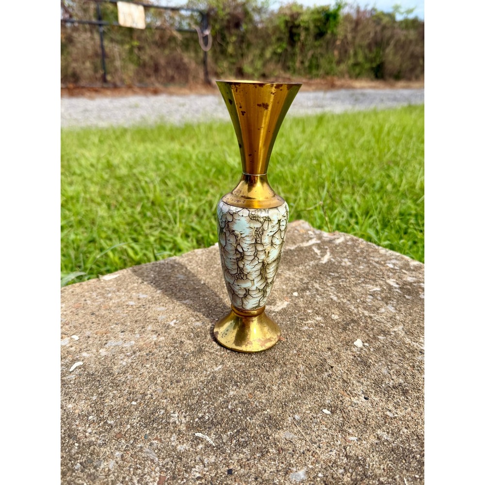 Vintage Old‎ Dutch Delft Brass and Crackle Glaze Bud Vase Made in Holland 8 inch